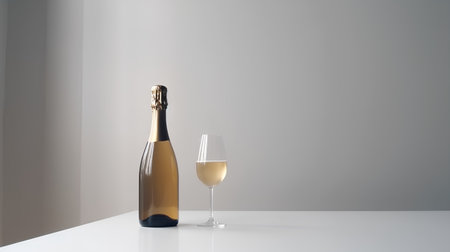 Bottle of champagne and a glass on a white table. 3d renderingの素材