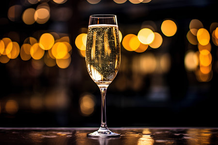 Champagne glass on the table in front of bokeh backgroundの素材
