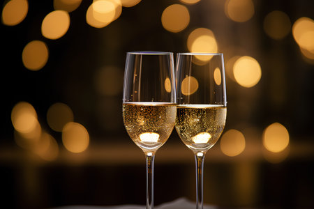 Two glasses of champagne on bokeh background, celebration concept.の素材