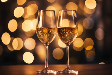 Glasses of champagne on bokeh background. New Year and Christmas celebrationの素材