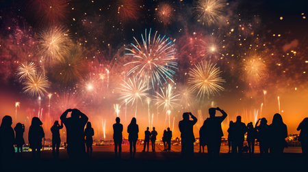 Silhouettes of a group of people watching a fireworks display.の素材