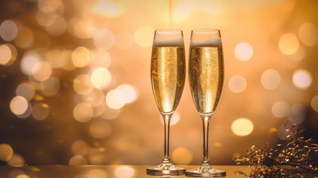 two champagne glasses ready to bring in the New Year with golden bokeh backgroundの素材