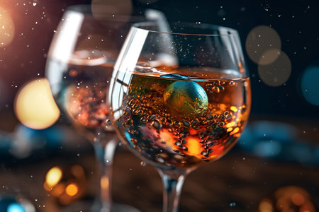 Two glasses of wine with a golden egg on a dark background.の素材