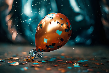 Decorated orange balloon on a dark background with confetti.の素材