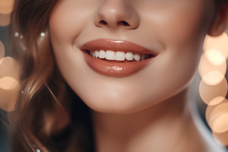 Closeup portrait of smiling young woman with healthy teeth. Beauty, fashion.の素材