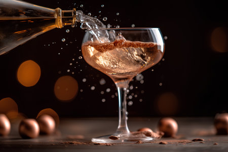 Pouring champagne into a glass with chocolate candies on a dark backgroundの素材
