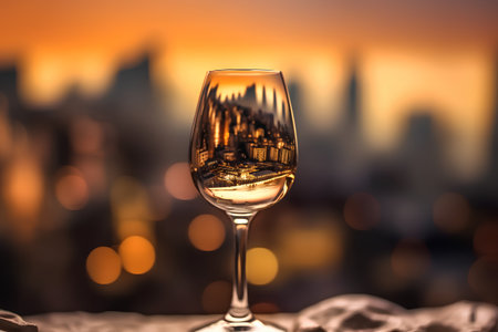 Wine glass with cityscape in the background. Selective focus.の素材