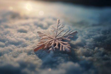 Snowflake on snow background. Christmas and New Year holidays concept.の素材