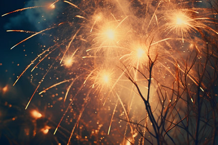 Beautiful firework display with bokeh effect for happy new year celebrationの素材