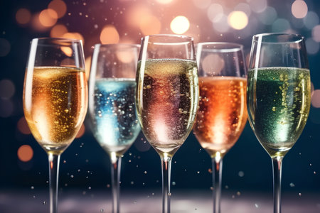 Glasses of champagne against holiday lights and fireworks - New Year celebrationsの素材