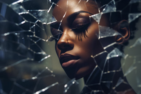Close-up portrait of a beautiful african american woman with broken glassの素材