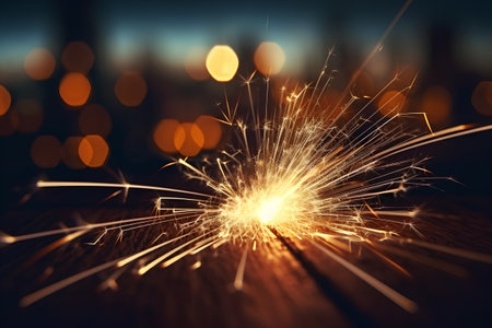 sparkler on the wooden floor in the dark with blurred lightsの素材