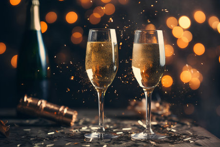 Two glasses of champagne with golden sparkles on bokeh backgroundの素材