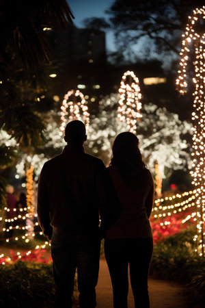 Silhouette of couple in love on the background of Christmas lightsの素材