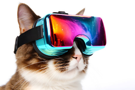 Cat wearing virtual reality goggles. Isolated on a white background.の素材