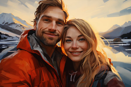 Portrait of a happy couple in the mountains. Digital painting.の素材