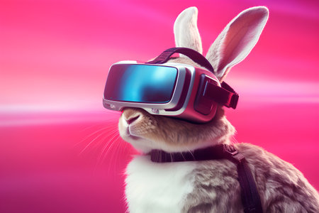 Rabbit wearing virtual reality goggles. 3D rendering. Pink background.の素材