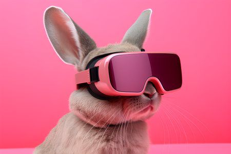 Funny bunny wearing pink goggles. Isolated on pink background.の素材