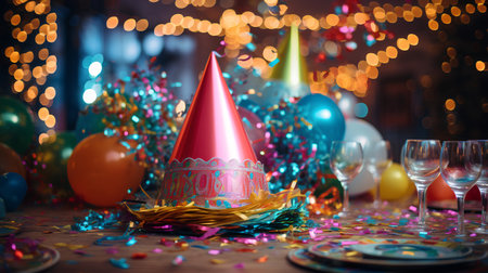 Colorful party hats and confetti on wooden table with bokeh backgroundの素材