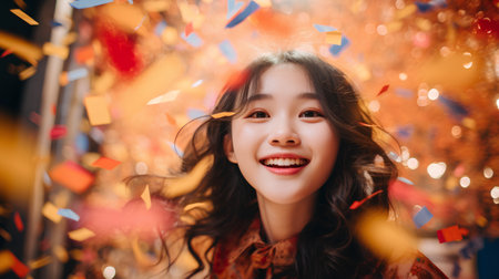 Portrait of beautiful young asian woman happy smile with confetti on bokeh background.の素材