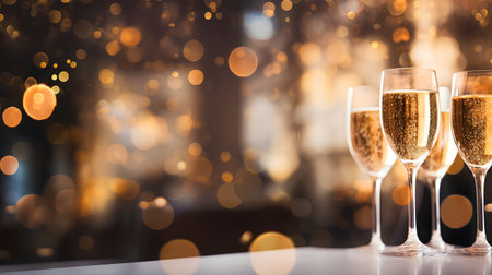 Glasses of champagne with bokeh background. New Year and Christmas celebration concept.の素材