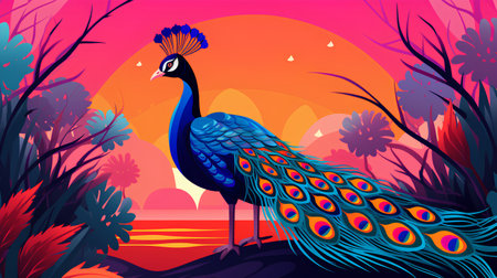 Peacock on the background of the sunset. Vector illustration.の素材