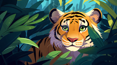 Tiger in the jungle. Vector illustration for your design. Cartoon style.の素材