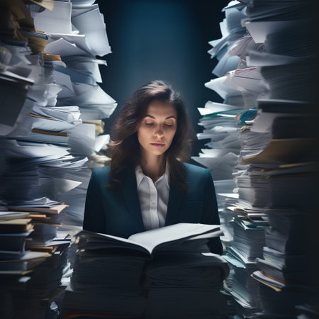 Portrait of stressed businesswoman with piles of paper and documents over dark backgroundの素材