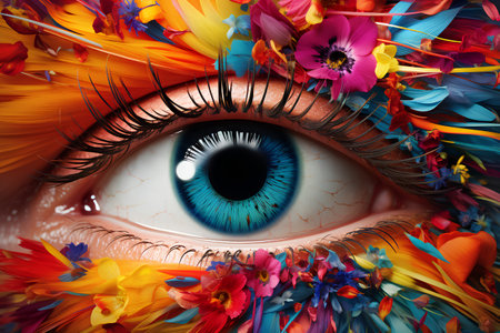 Close-up of beautiful female eye. Colorful floral background.の素材