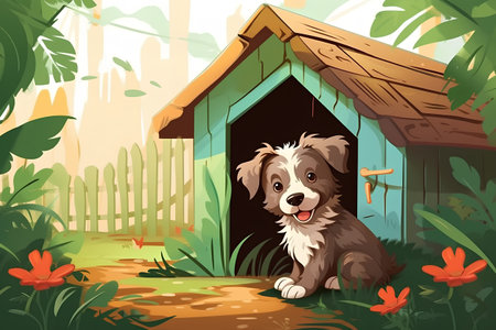 Illustration of a dog in a wooden house on a nature backgroundの素材