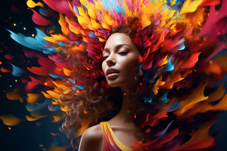 Portrait of beautiful young woman with creative make up and colorful splashesの素材