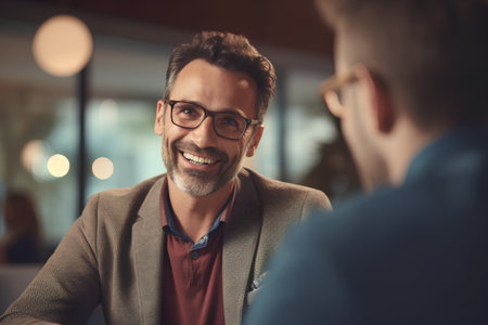Handsome mature businessman in eyeglasses is talking with his colleague and smiling while sitting in officeの素材