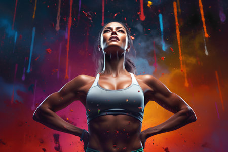 Sporty young woman with perfect body posing over colorful splash background.の素材