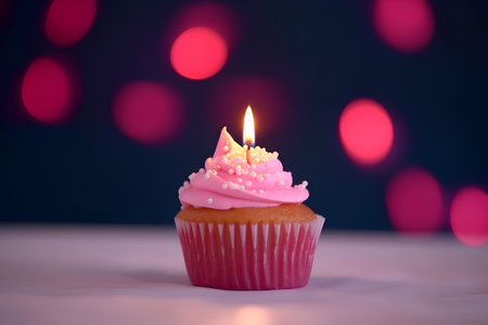 Birthday cupcake with burning candle on blurred bokeh backgroundの素材