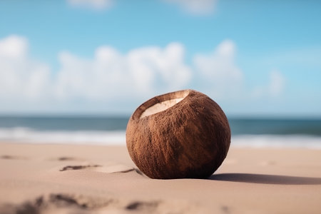 Coconut on the beach. Selective focus. Toned.の素材