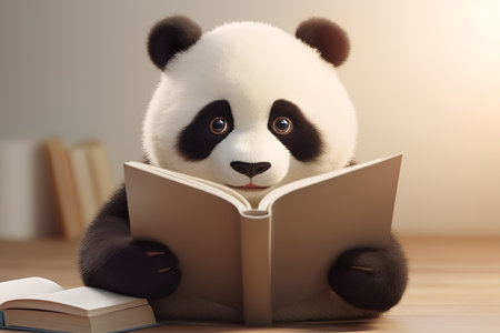Panda reading a book on a wooden floor. 3d renderingの素材