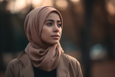 Portrait of a beautiful young muslim woman with hijab looking awayの素材