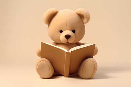 Teddy bear reading a book, 3d illustration with soft toyの素材