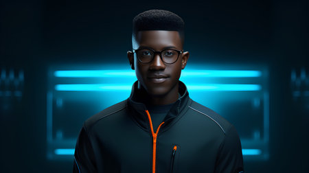 Futuristic african american man wearing black hoodie and glassesの素材