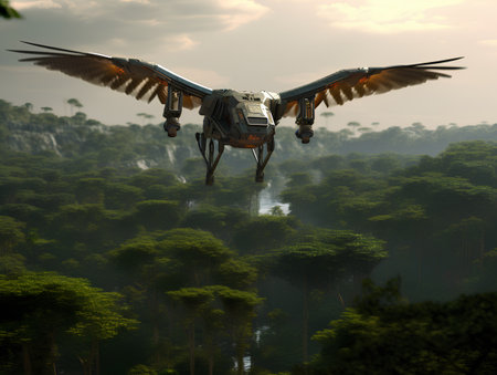 3D rendering of a drone flying in the sky over the jungleの素材