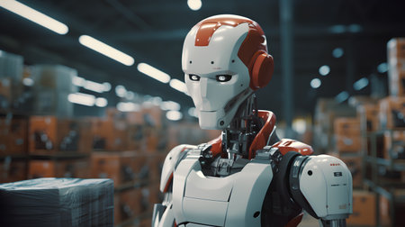 3d rendering humanoid robot in warehouse or warehouse with boxes in warehouseの素材