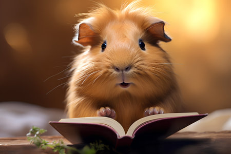 Cute red guinea pig with open book on wooden table.の素材