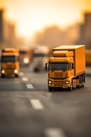 Truck on the road with blurred city background. Transportation concept.の素材