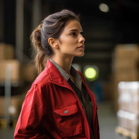 portrait of young woman in red trench coat looking away in warehouseの素材