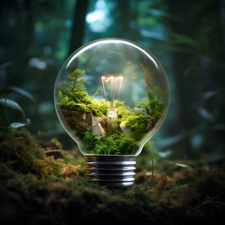 Glowing light bulb with green forest inside. 3D rendering.の素材