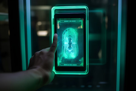 Fingerprint scan provides security access with biometrics identification.の素材