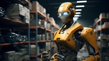 Robot in warehouse. 3d rendering. Futuristic robot.の素材