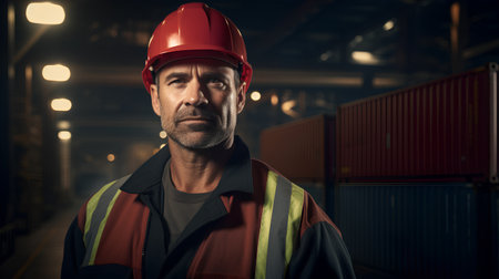 Portrait of mature Caucasian male warehouse worker wearing safety helmet and reflective vest.の素材