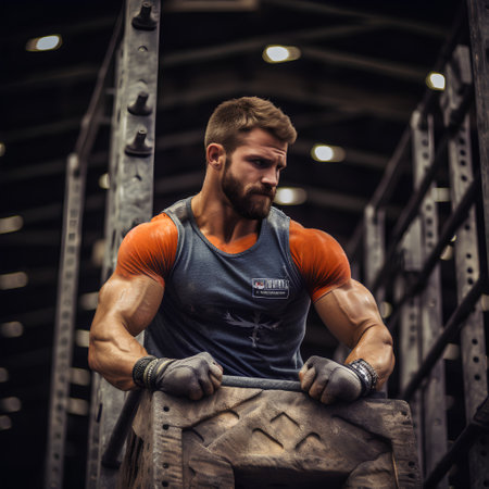 Portrait of a strong athletic man. Strong bodybuilder posing on the background of the gym.の素材