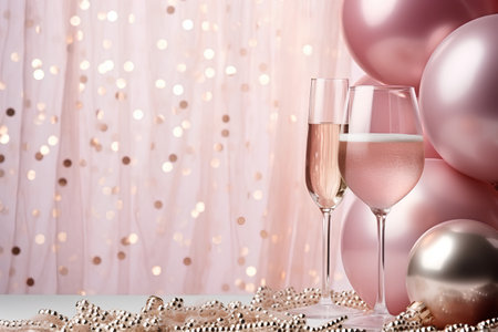 Two glasses of champagne with pink and silver balloons on a light background.の素材